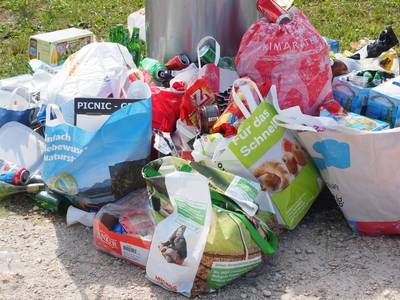 Müllplakat zur richtigen Trennung des Mülls Voller Papierkorb