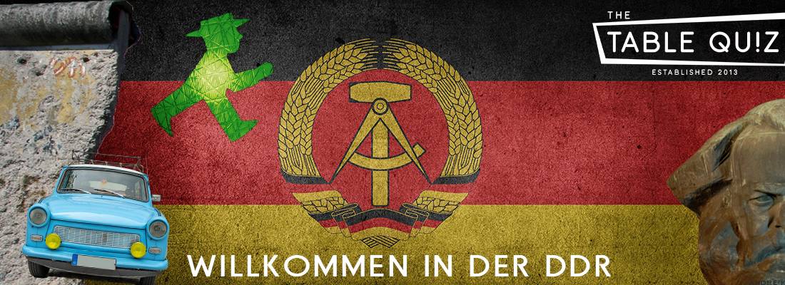 Flagge der DDR, Berliner Mauer, Ampelmännchen, Trabant, Karl Marx, Table Quiz Logo