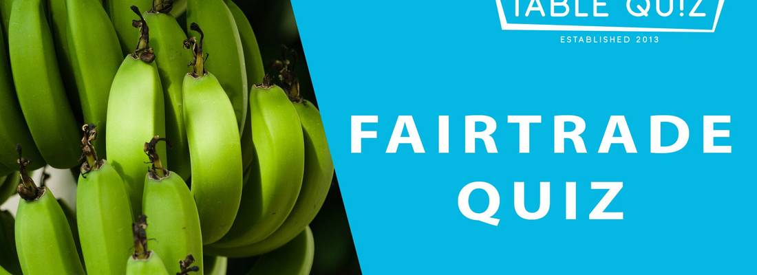 Titelbild Fairtrade Quiz Laatzen, Bananenstaude, blauer Hintergrund, Titel