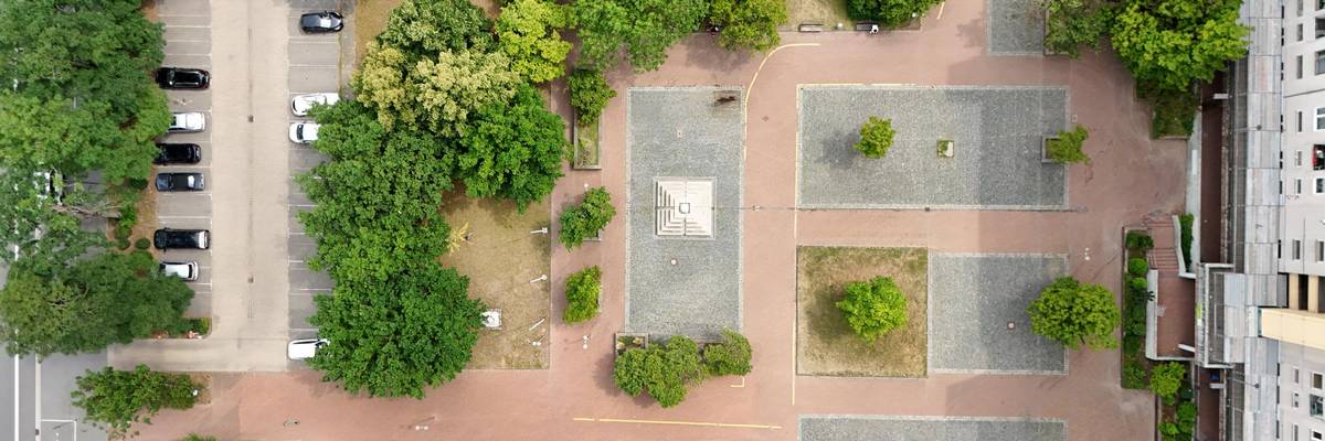 Marktplatz mit roten Klinkersteinen auf dem Boden, Bäume, am unteren und rechten Bildrand hohe Gebäude